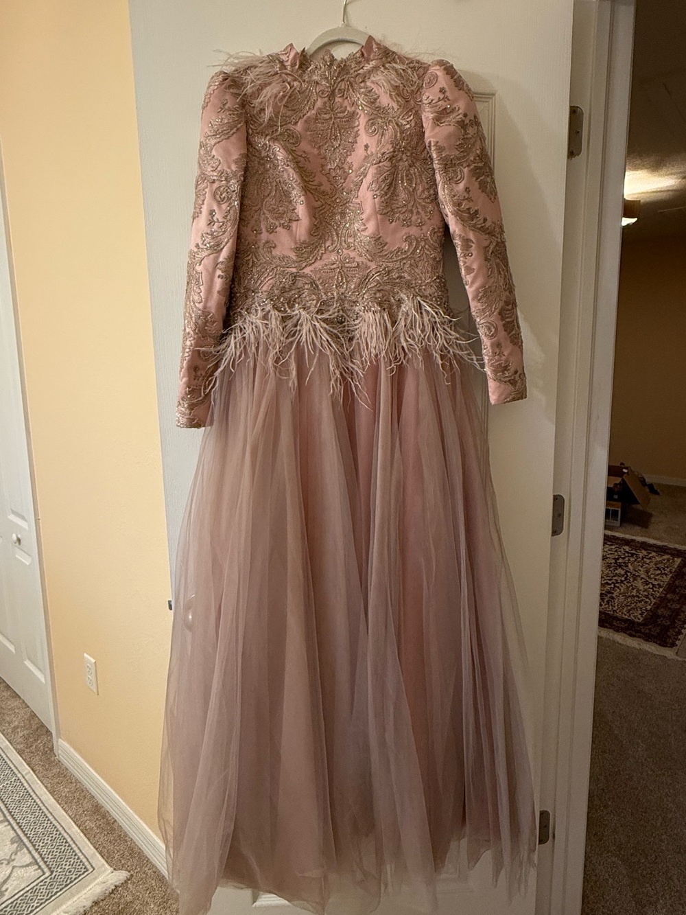 Embroidered Pink Tulle Party Dress with Feather Trim
